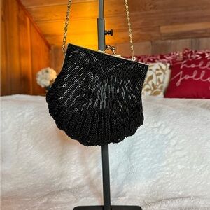 Valerie Stevens Black Beaded Evening Clutch with Gold Chain Strap